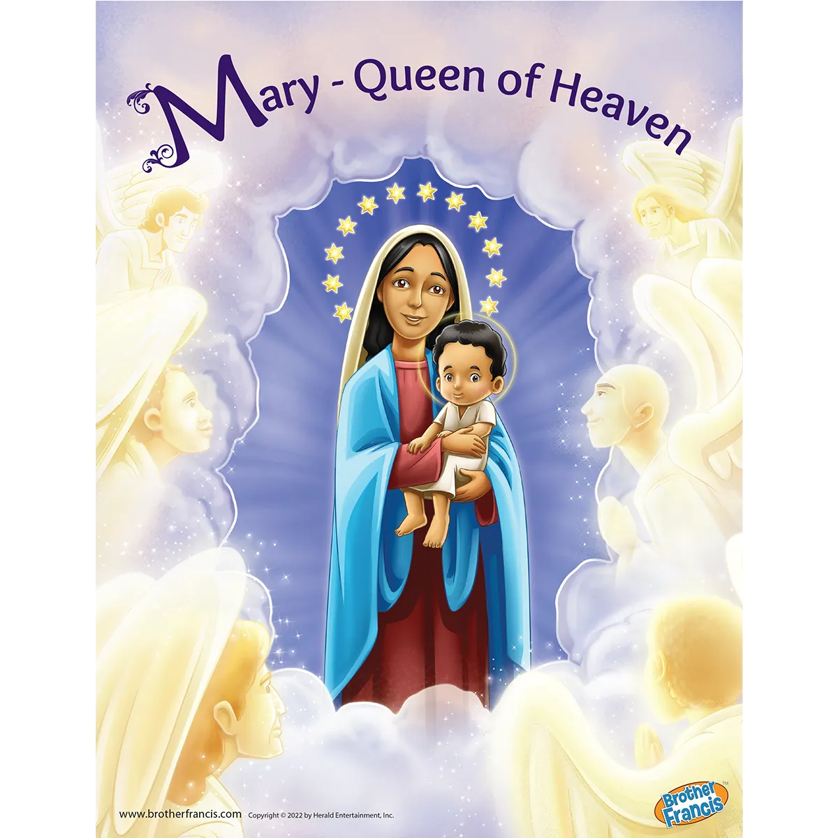 Mary, Queen of Heaven, holding the child Jesus with surrounding angels.