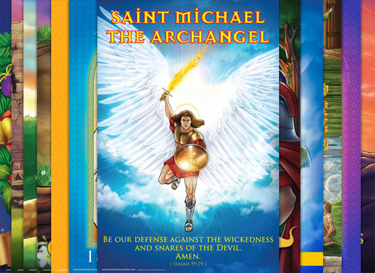Saint Michael the archangel poster and parts of 11 other posters in a set of 12